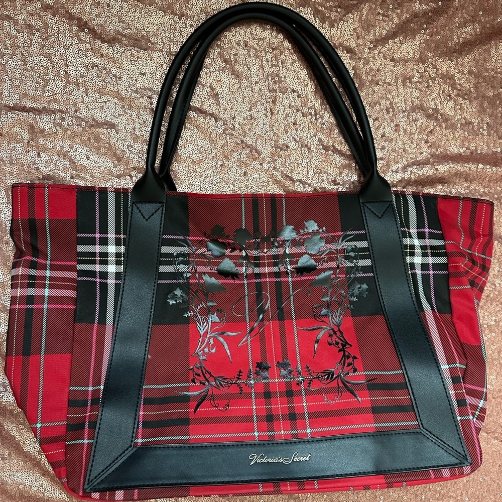 Victoria Secret Tote Bag Plaid Holiday Red Black Logo Everyday Casual flowers